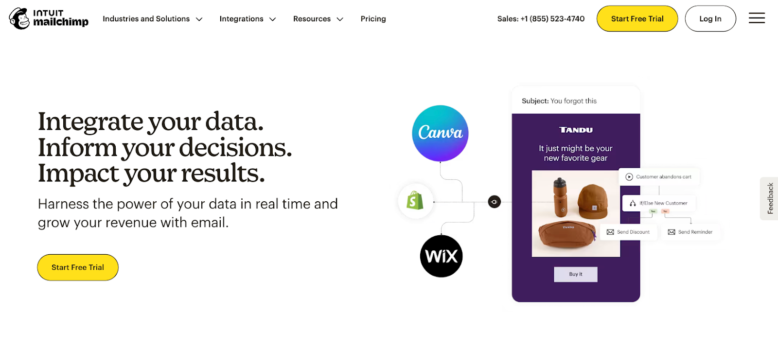 Screenshot of Mailchimp's landing page, showing a headline "Integrate your data