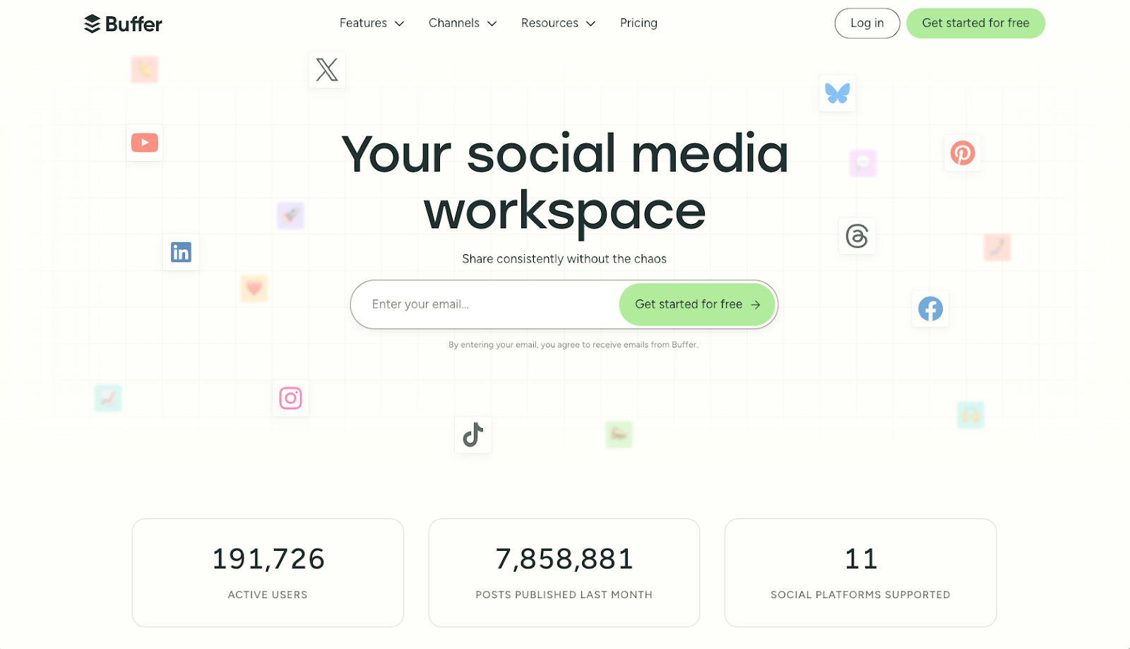 Screenshot of Buffer's landing page, showing a headline "Your social media workspace"