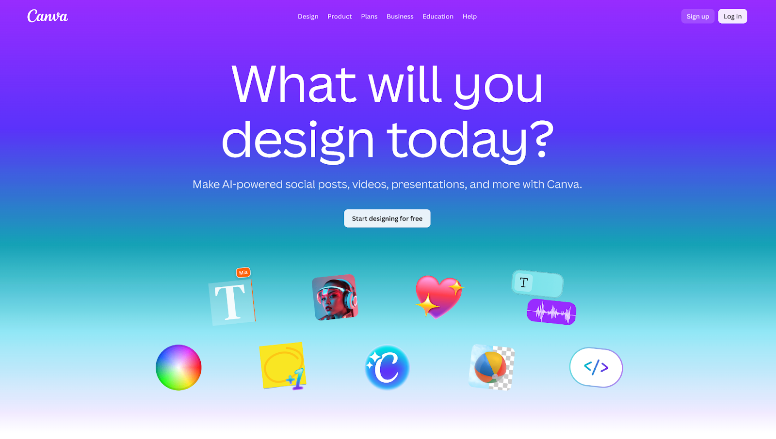 Screenshot of Canva's landing page, showing a headline "What will you design today?"