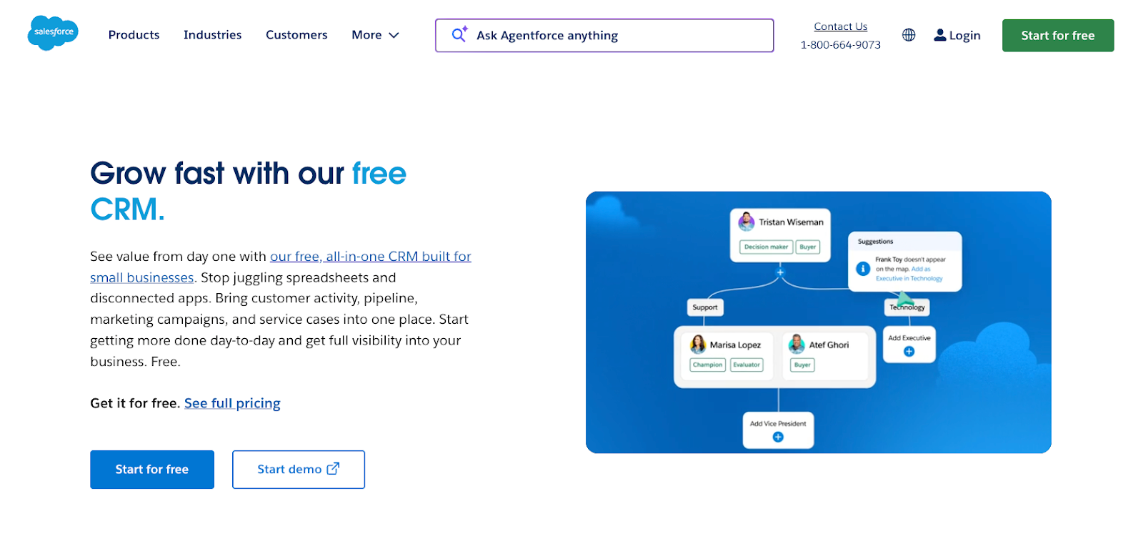 Screenshot of Salesforce's landing page, showing a headline "Grow fast with our free CRM