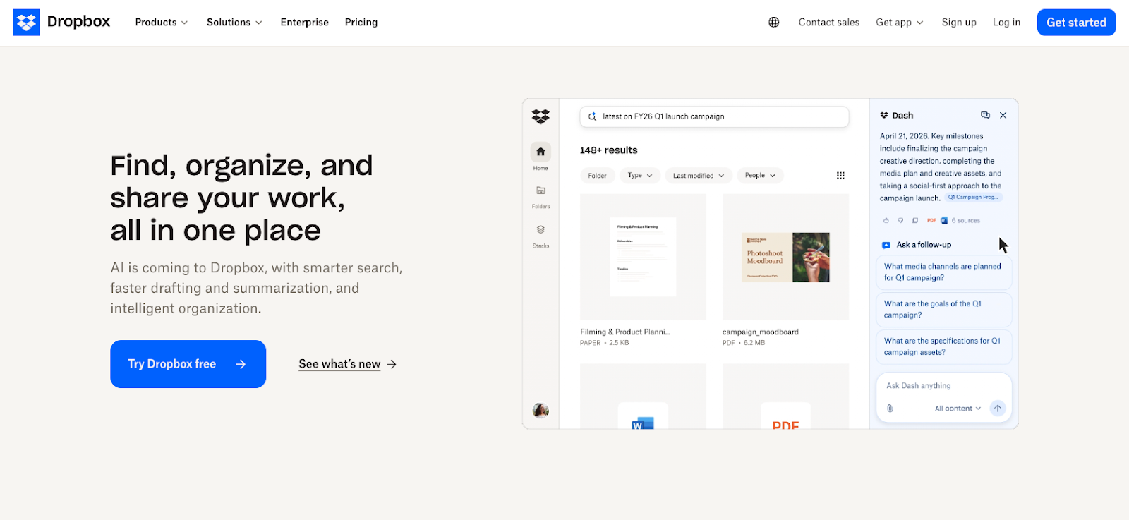 Screenshot of Dropbox's landing page, showing a headline "Find, organize and share your work, all in one place"