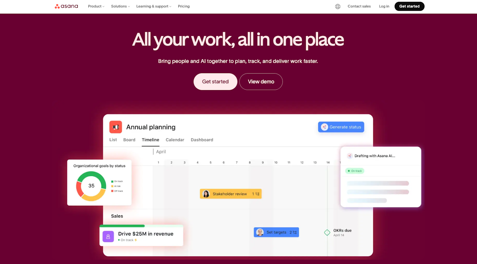 Screenshot of Asana's landing page, showing a headline "All your work, all in one place"