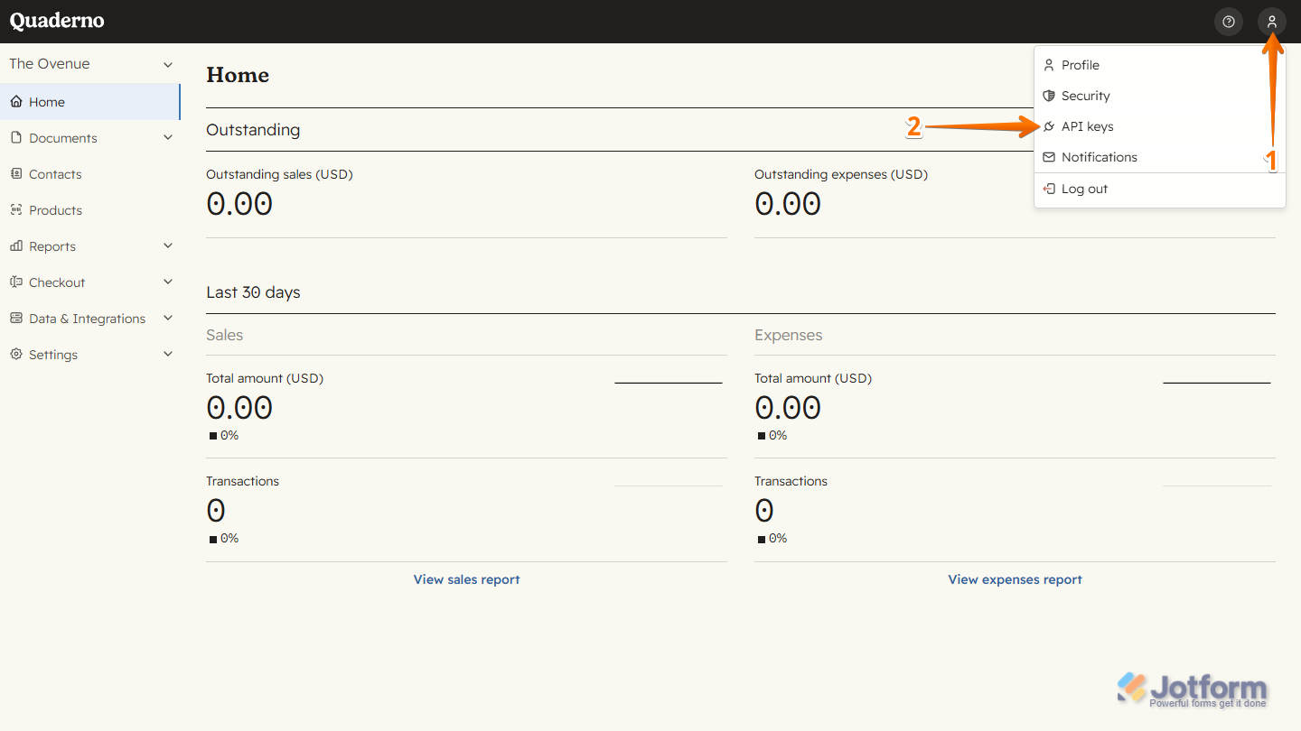 API Keys option in the Users menu of the Quaderno Account Dashboard