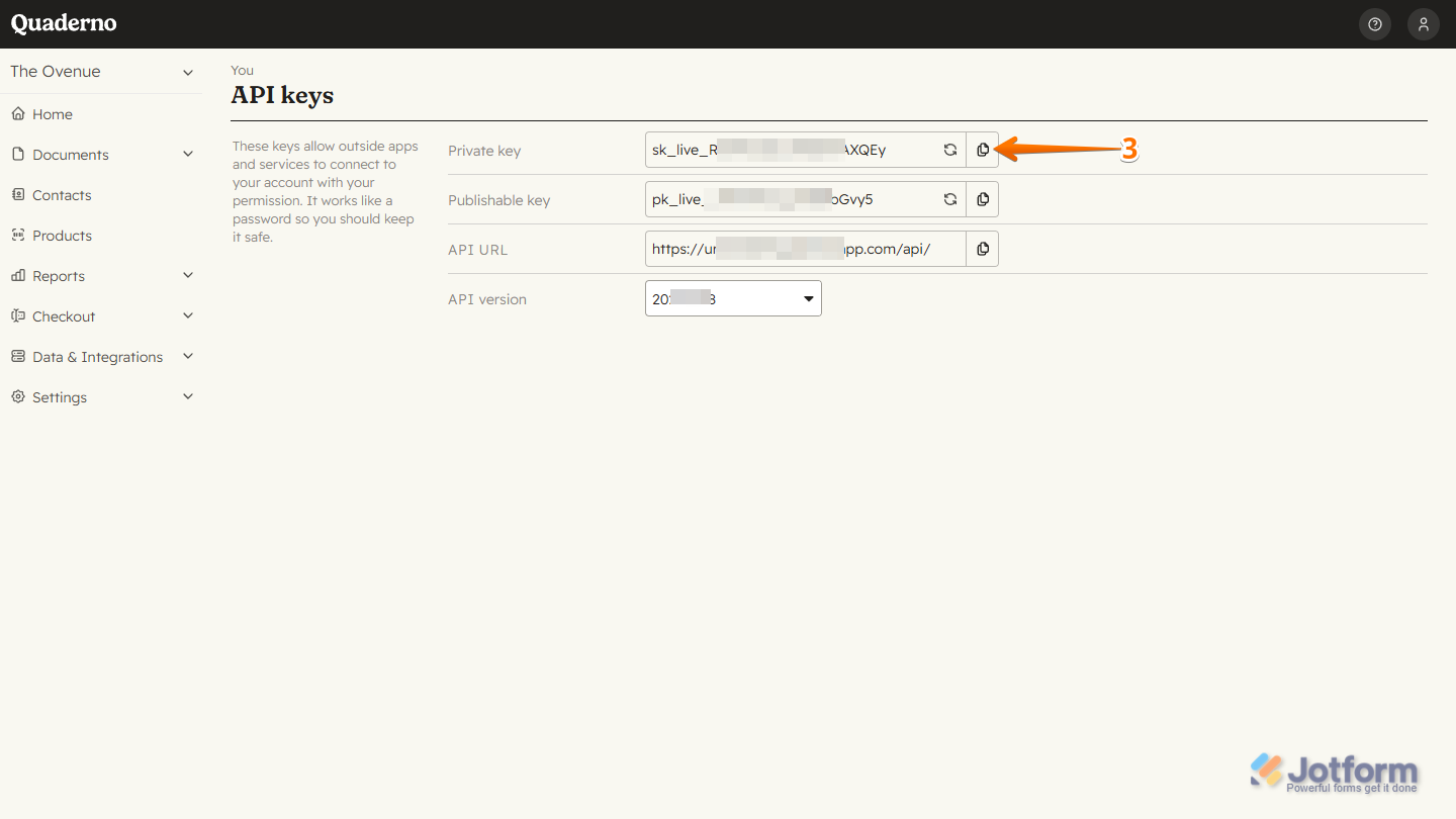 Copy Link button of the Private Key in the API Keys section in Quaderno Account Dashboard