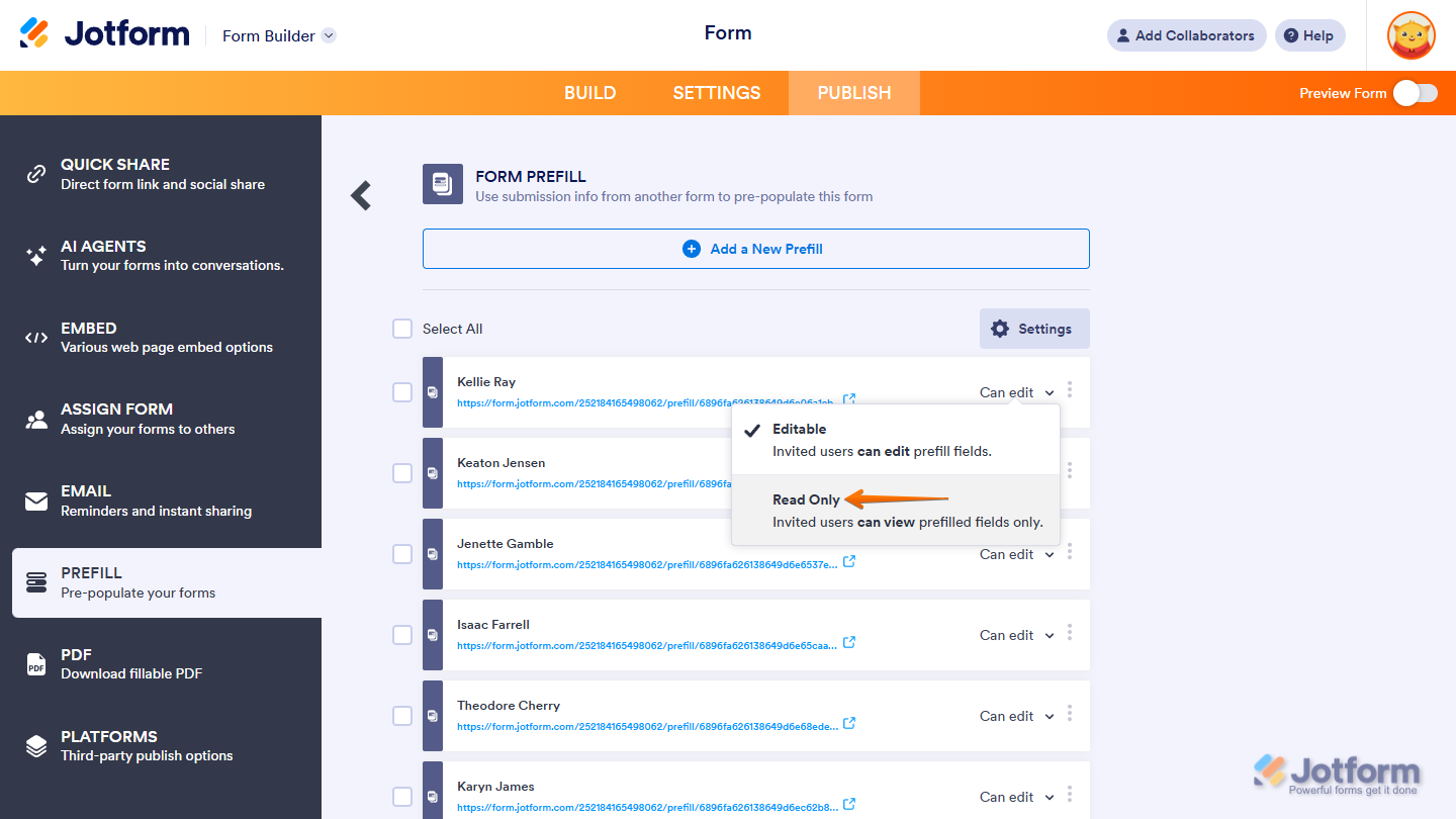 Change permission for invited users in Form Prefill