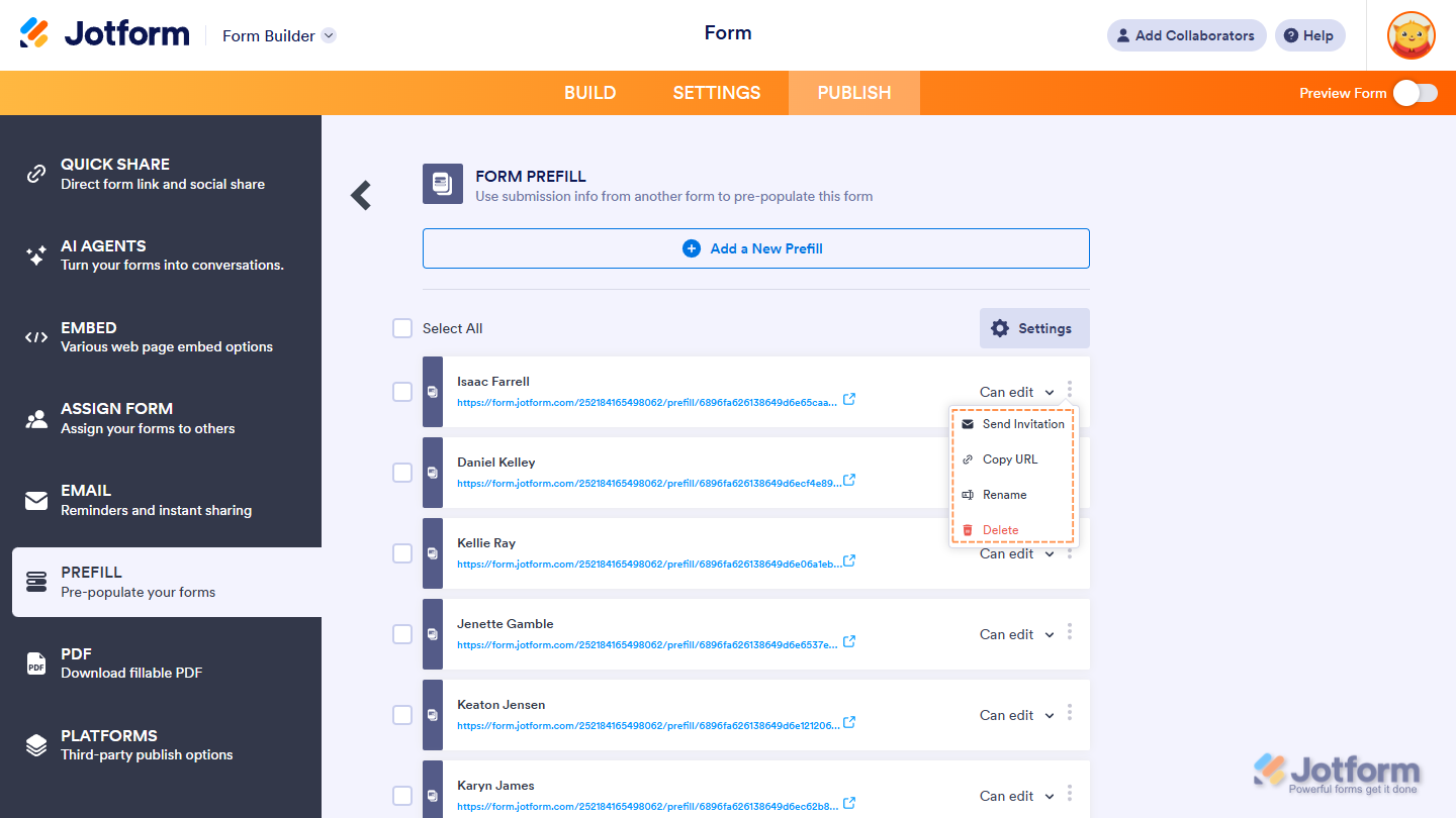 Managing individual Form Prefill item