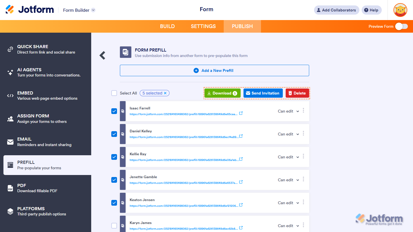 Download, Send Invitation, and Delete button for the selected Form Prefill items