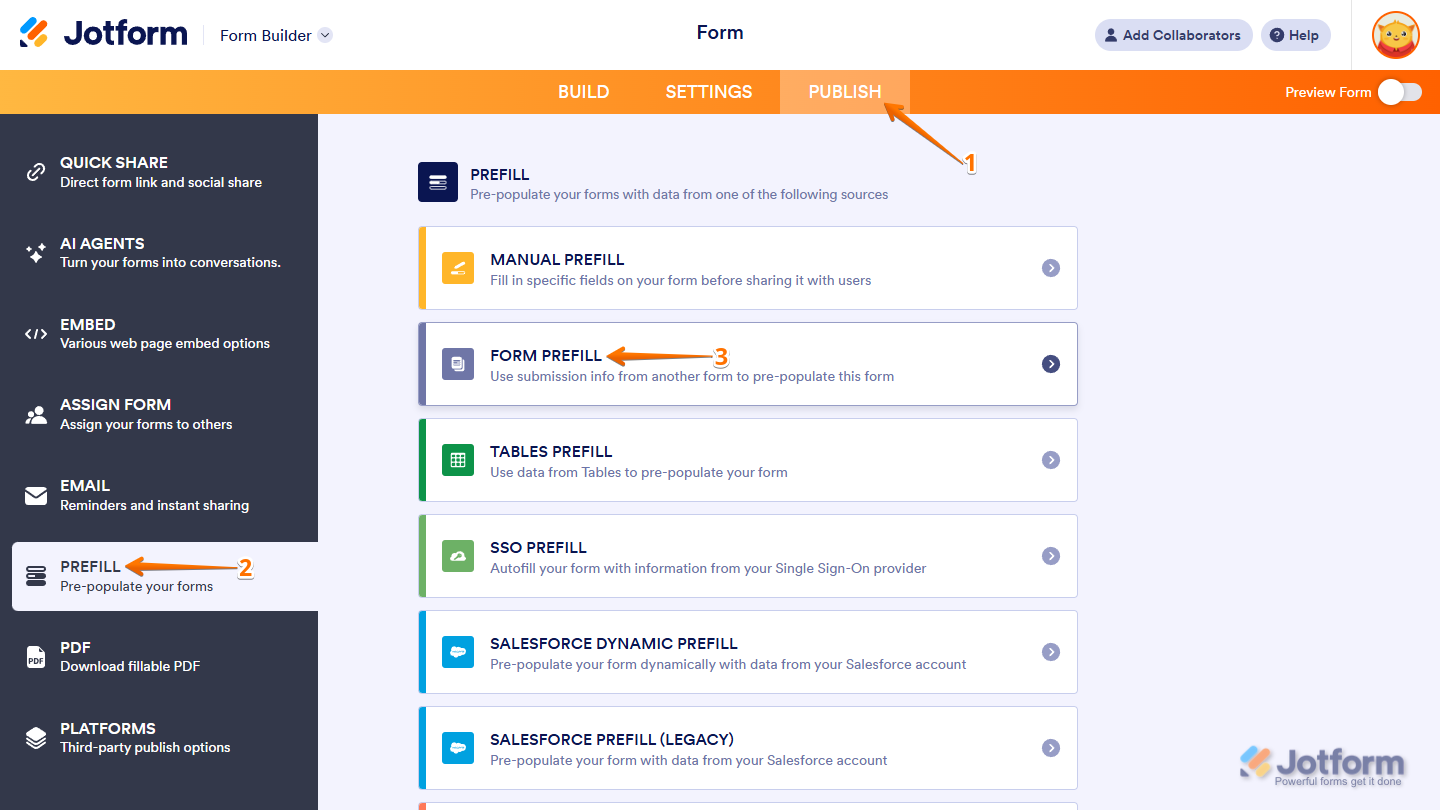 Form Prefill option in the Prefill page of the Jotform Form Builder