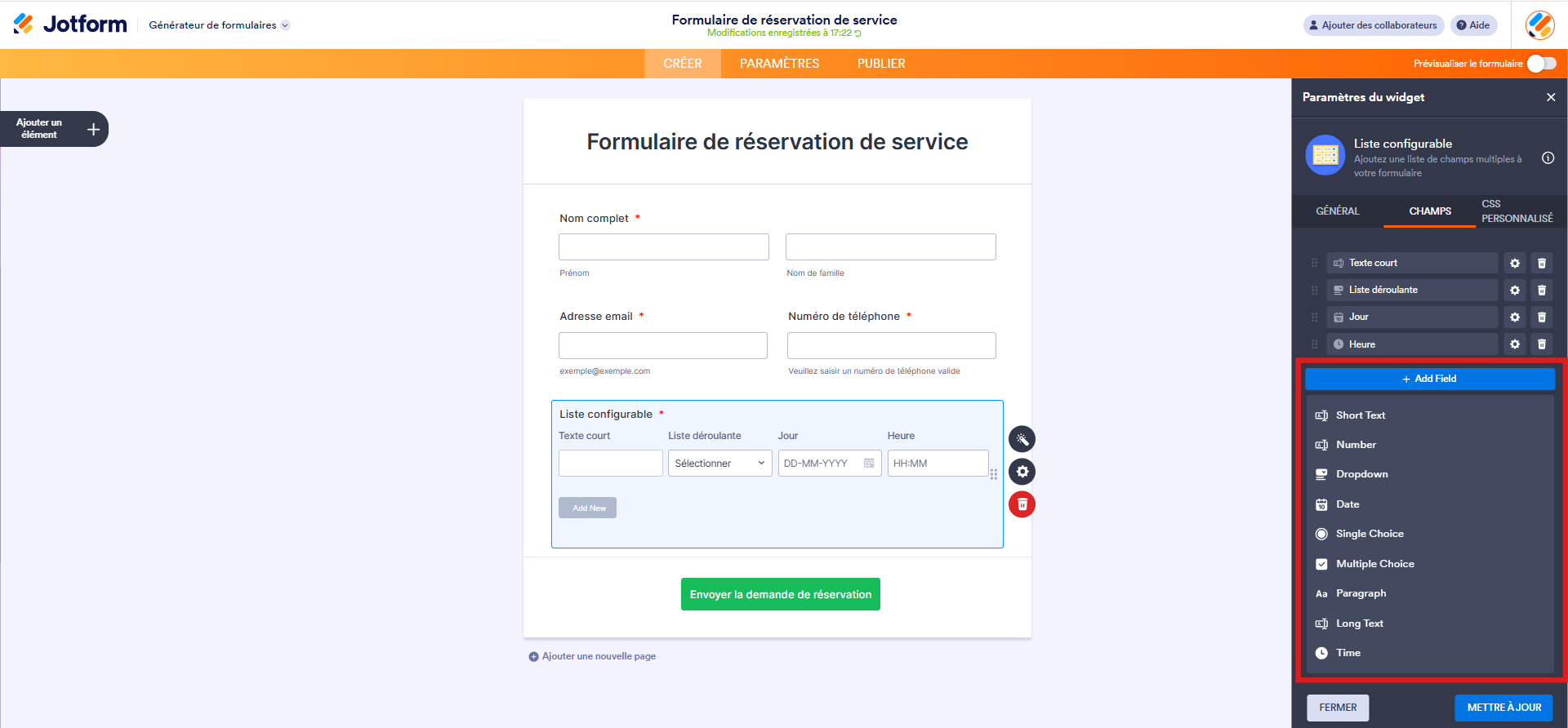 Capture d'écran du formulaire dans le Générateur de formulaires Jotform avec un encadré autour des options du bouton Ajouter un champ dans le volet Paramètres du widget