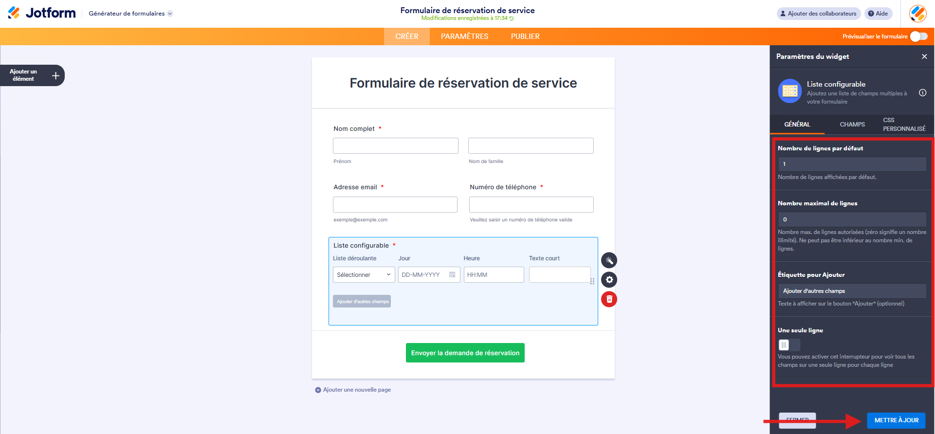 Capture d'écran du formulaire dans le Générateur de formulaires Jotform avec un encadré autour des options à configurer de l'onglet Général