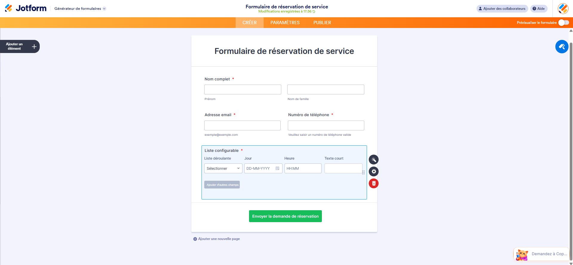 Capture d'écran du formulaire dans le Générateur de formulaires Jotform avec un élément widget Liste configurable et toutes les options définies