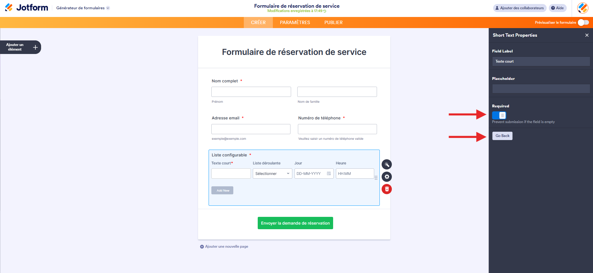 Capture d'écran du formulaire dans le Générateur de formulaires Jotform avec une flèche vers le bouton curseur Obligatoire et une autre vers le bouton Retour