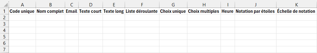 Capture d'écran d'une feuille de calcul Excel avec les mêmes libellés que ceux du formulaire dans les colonnes B à K et avec Code unique en colonne A