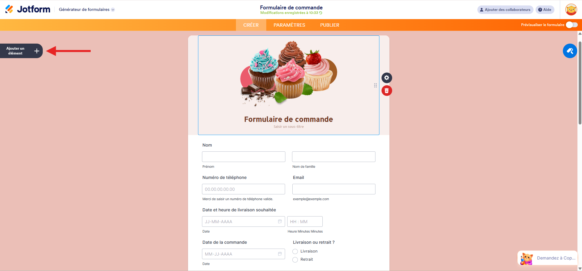 Capture d'écran d'un formulaire de commande dans le Générateur de formulaires Jotform avec une flèche pointant vers le bouton Ajouter un élément