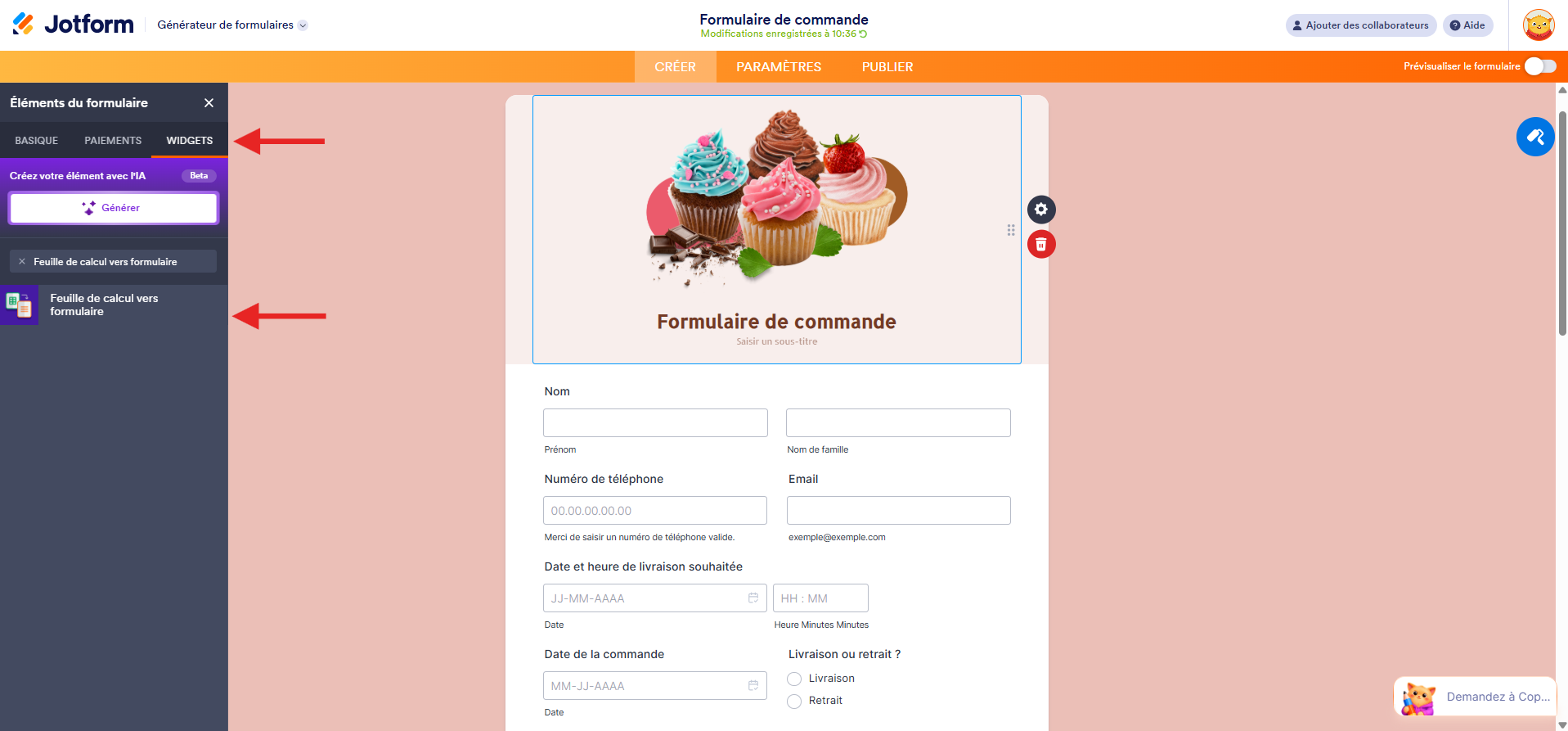 Capture d'écran d'un formulaire de commande dans le Générateur de formulaires Jotform avec une flèche pointant vers l'onglet Widgets et une autre vers Feuille de calcul vers formulaire dans les résultats de recherche
