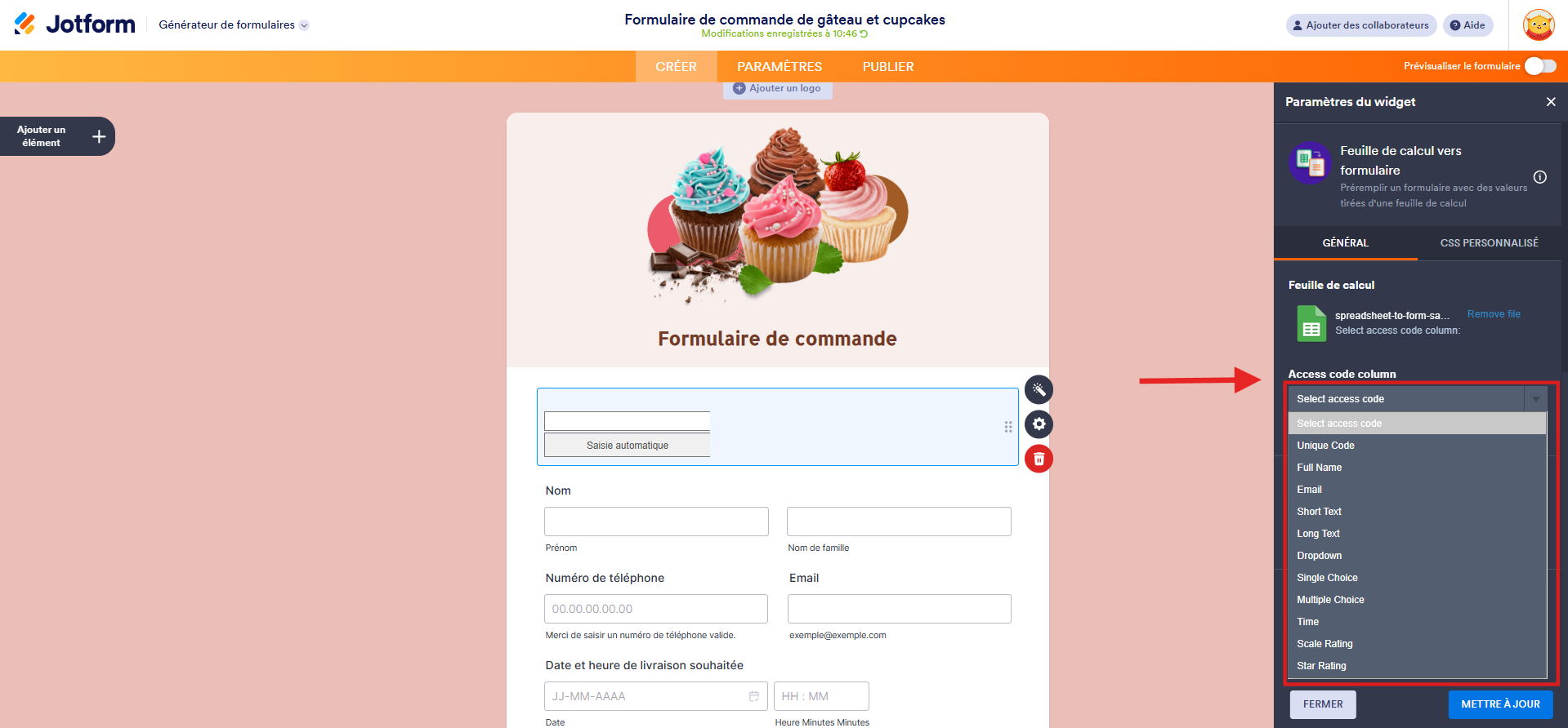 Capture d'écran d'un formulaire de commande dans le Générateur de formulaires Jotform avec une flèche pointant vers Colonne Code d’accès de votre feuille de calcul téléversée dans Jotform