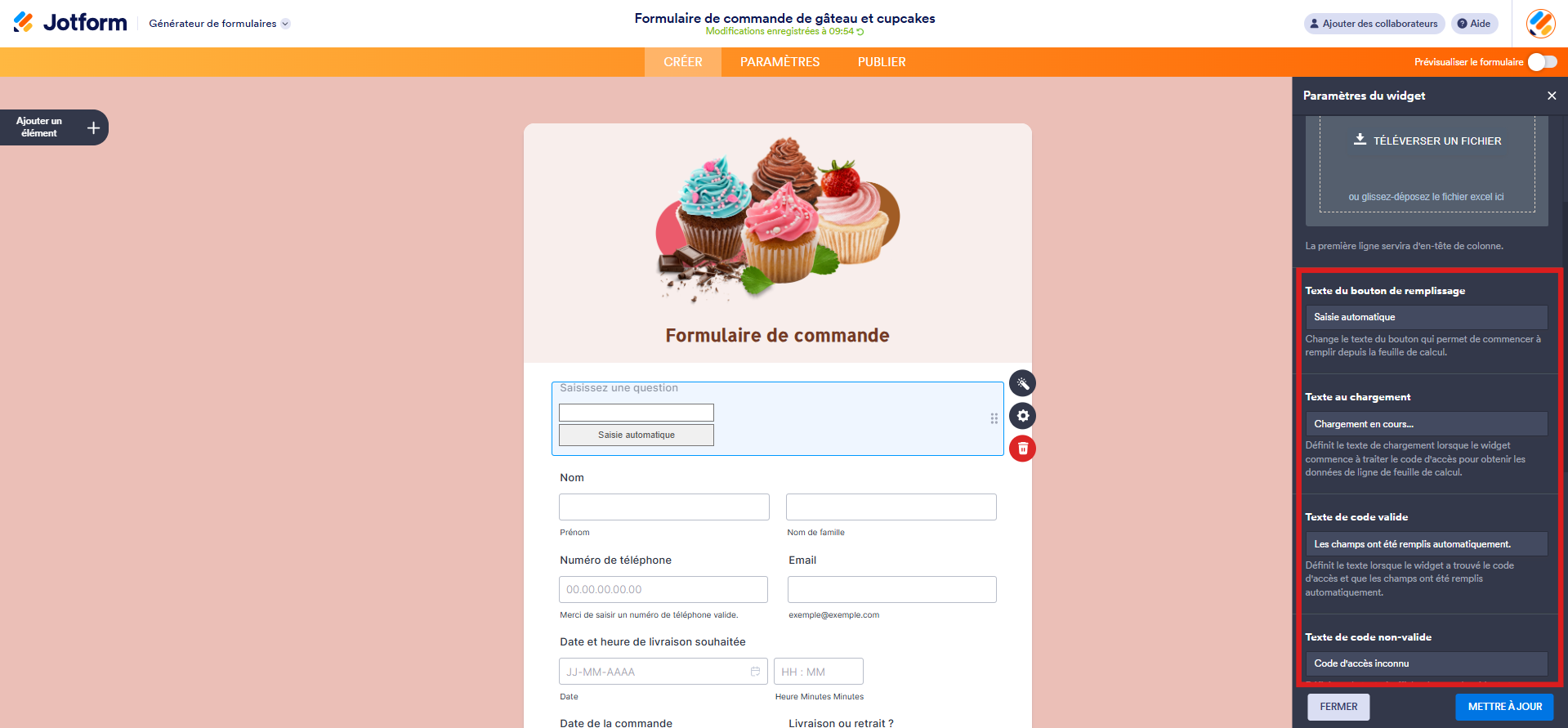 Capture d'écran d'un formulaire de commande dans le Générateur de formulaires Jotform avec un encadré autour des autres paramètres à configurer