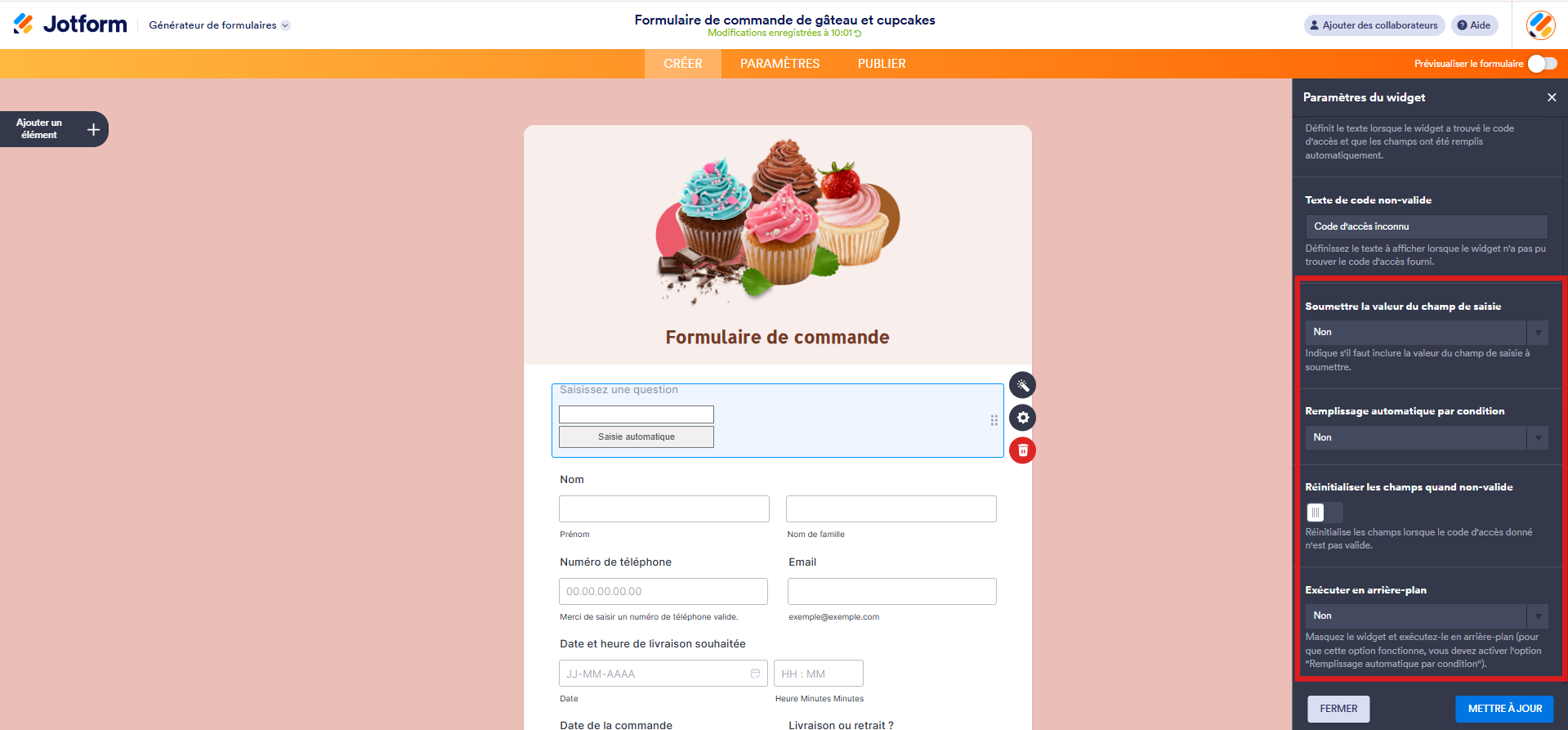 Capture d'écran d'un formulaire de commande dans le Générateur de formulaires Jotform avec un encadré autour des paramètres supplémentaires à configurer