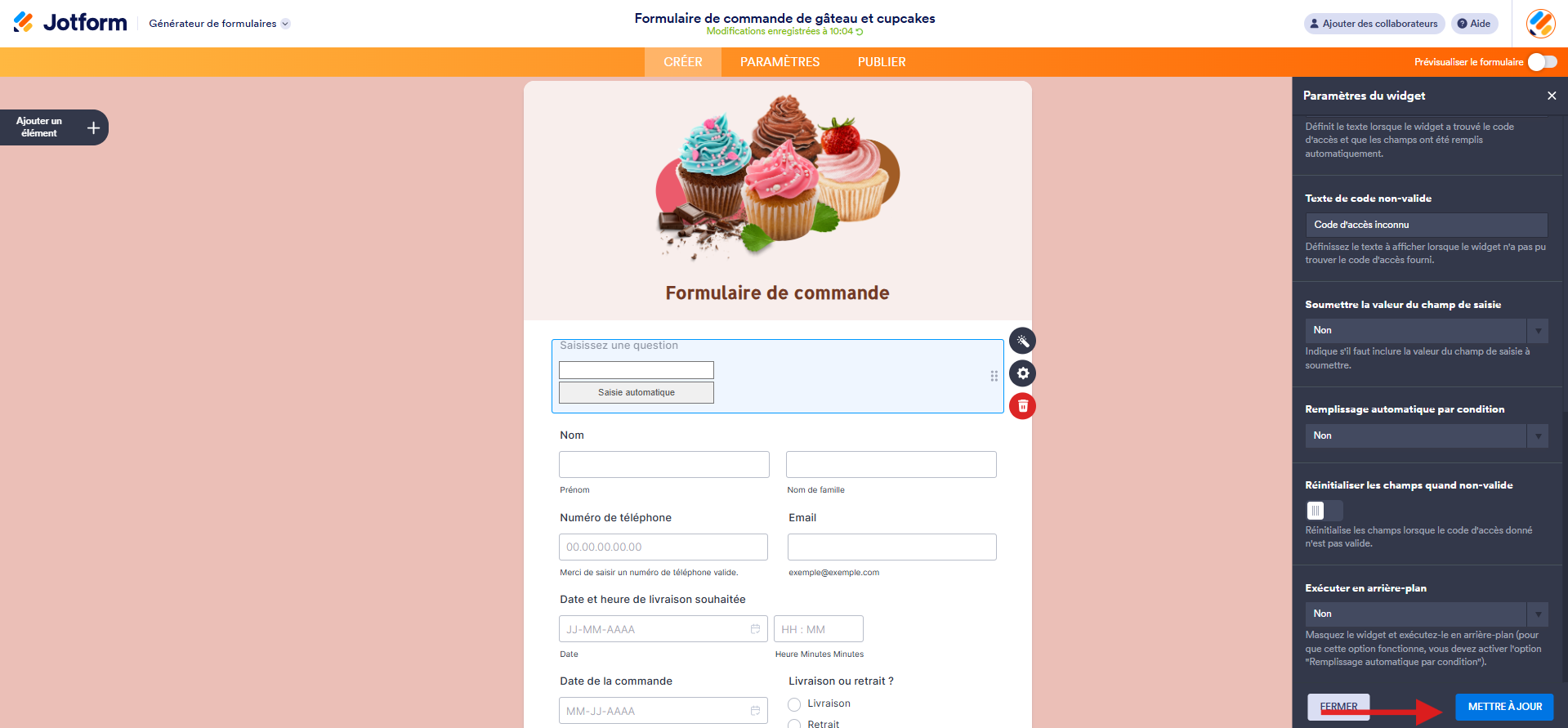 Capture d'écran d'un formulaire de commande dans le Générateur de formulaires Jotform avec une flèche vers le bouton Mettre à jour