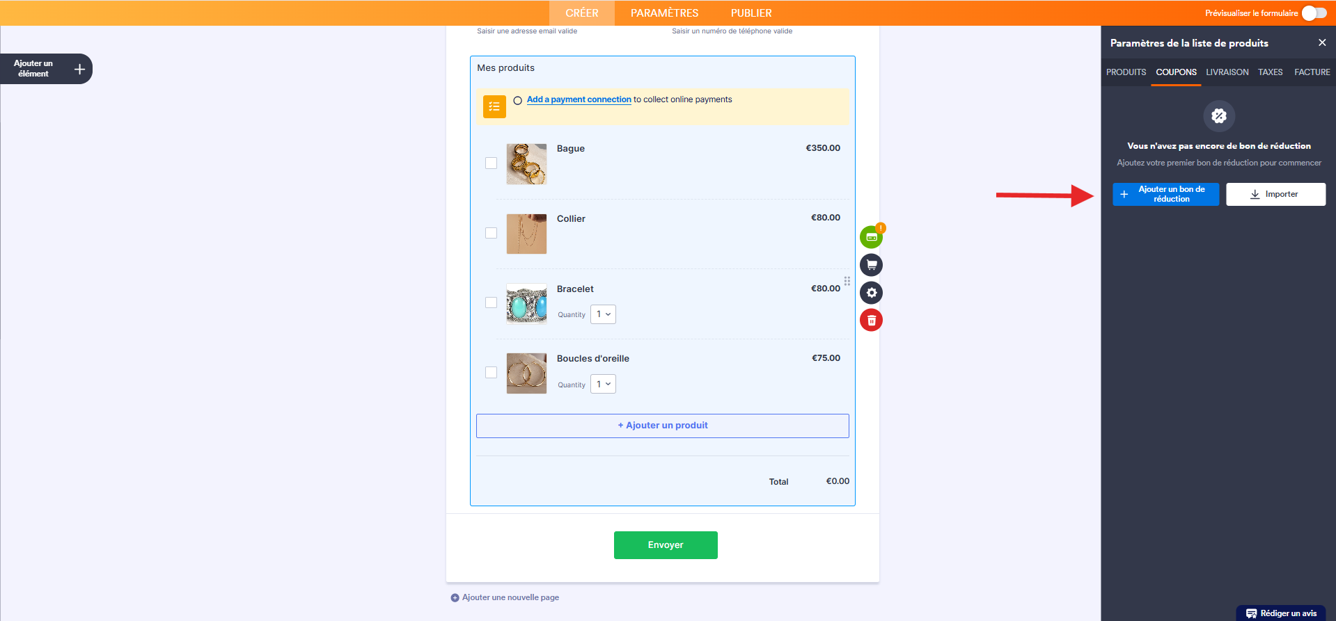 Capture d'écran d'un formulaire de commande avec un élément de paiement dans le Générateur de formulaires Jotform avec une flèche vers le bouton Ajouter un bon de réduction dans le volet Paramètres de la liste de produits