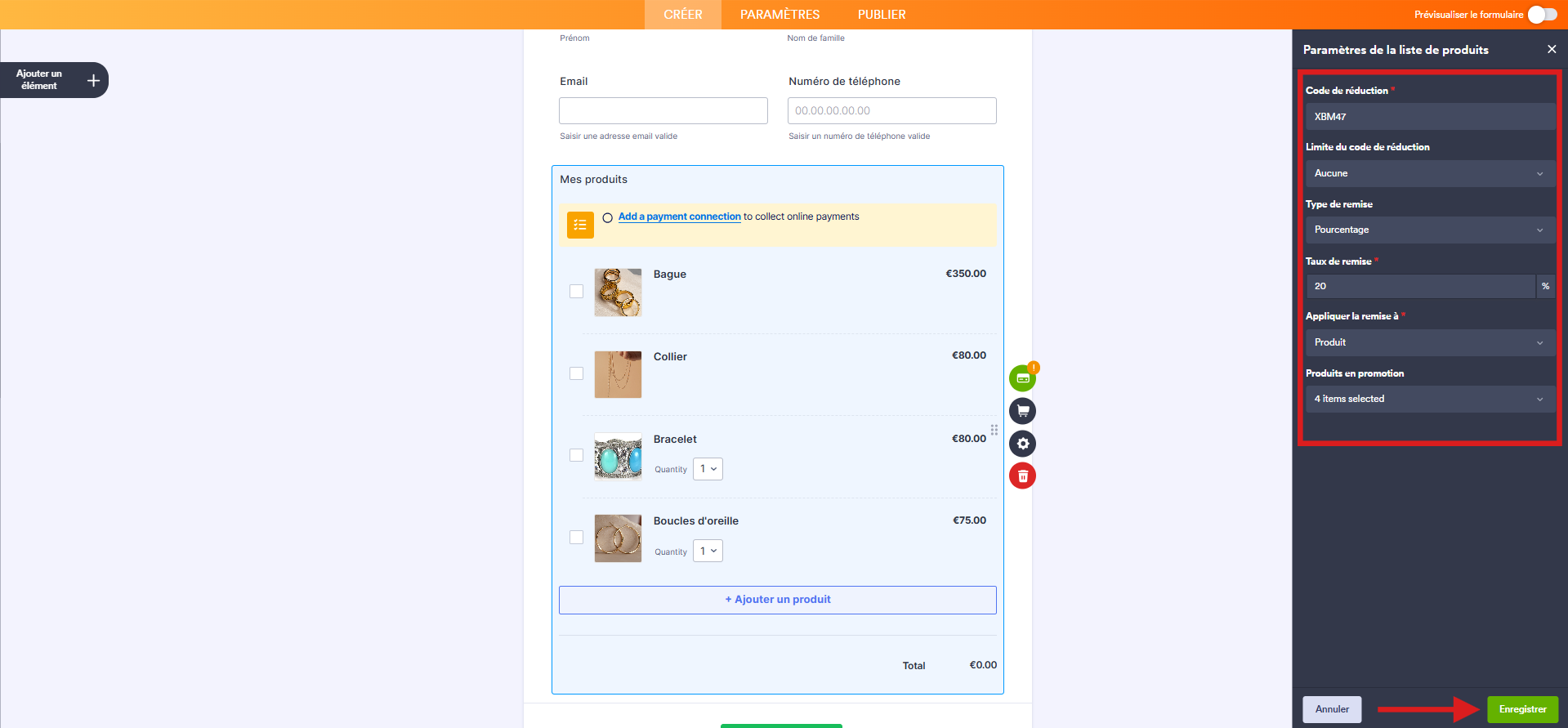 Capture d'écran d'un formulaire de commande avec un élément de paiement dans le Générateur de formulaires Jotform avec un encadré autour des paramètres à configurer et une flèche vers le bouton Enregistrer
