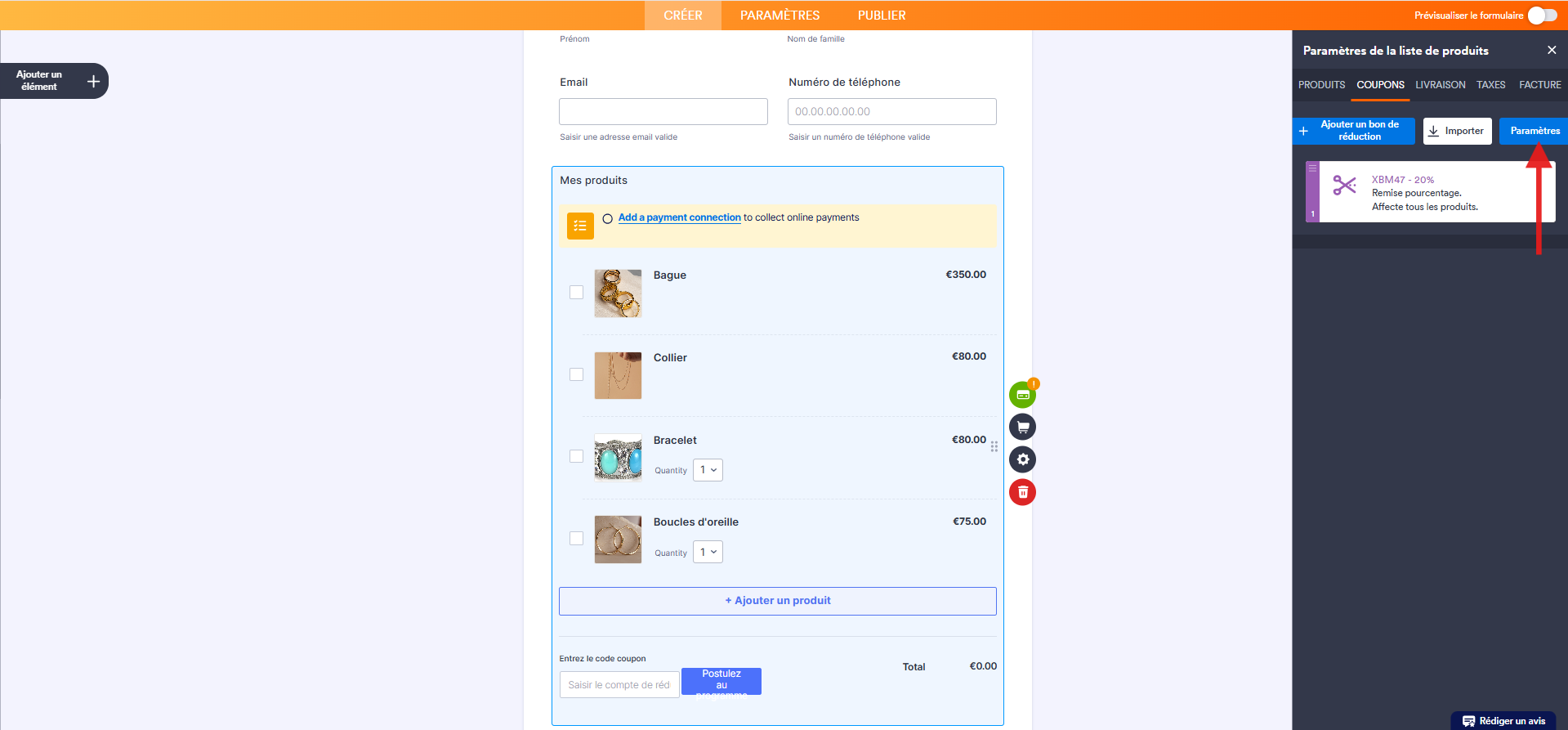 Capture d'écran d'un formulaire de commande avec un élément de paiement dans le Générateur de formulaires Jotform avec une flèche vers le bouton Paramètres