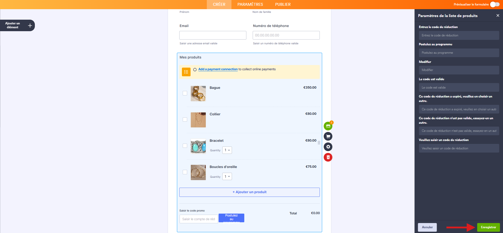 Capture d'écran d'un formulaire de commande avec un élément de paiement dans le Générateur de formulaires Jotform avec une flèche vers le bouton Enregistrer dans le volet Paramètres de la liste de produits, paramètres du bon de réduction
