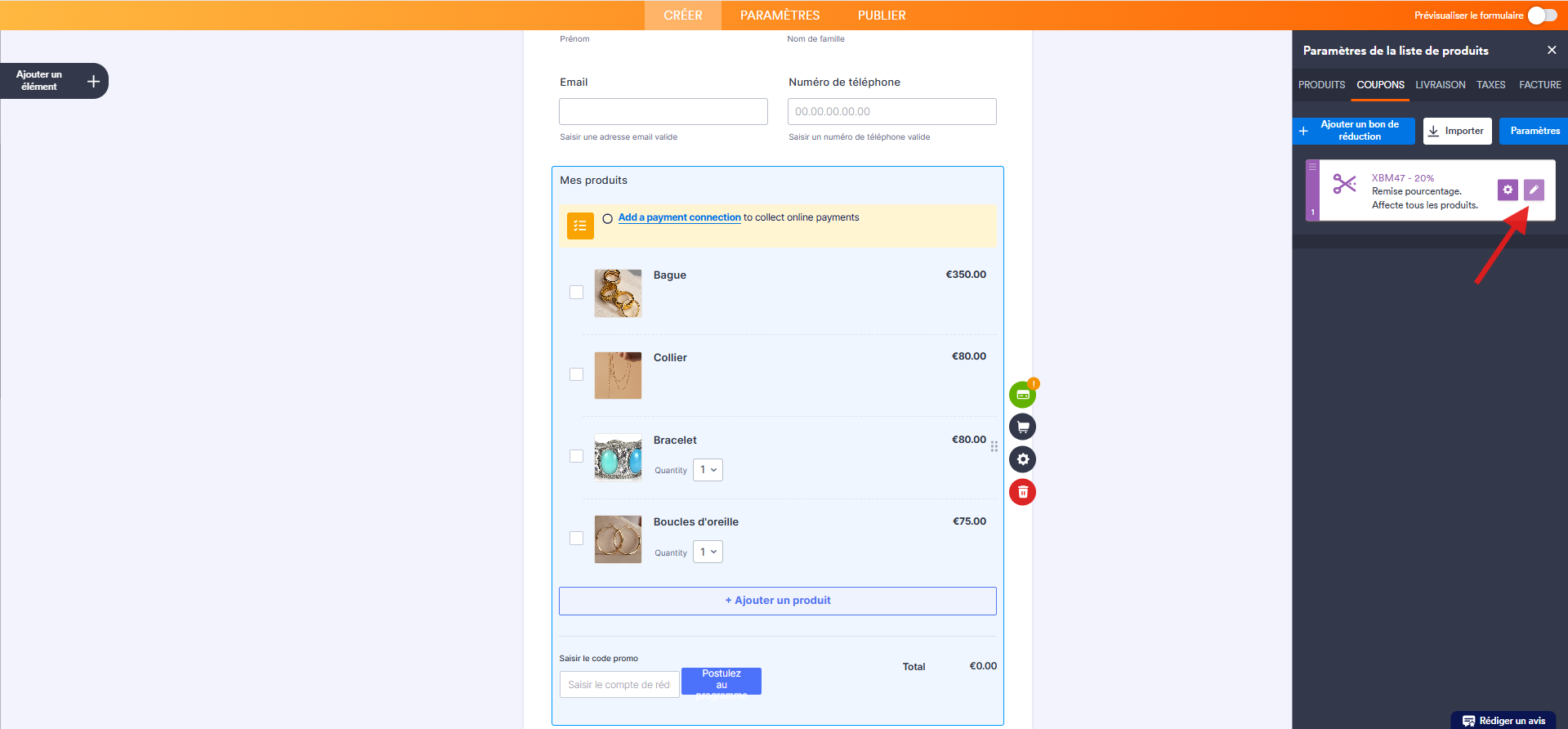 Capture d'écran d'un formulaire de commande avec un élément de paiement dans le Générateur de formulaires Jotform avec une flèche vers l'icône Modifier en forme de crayon