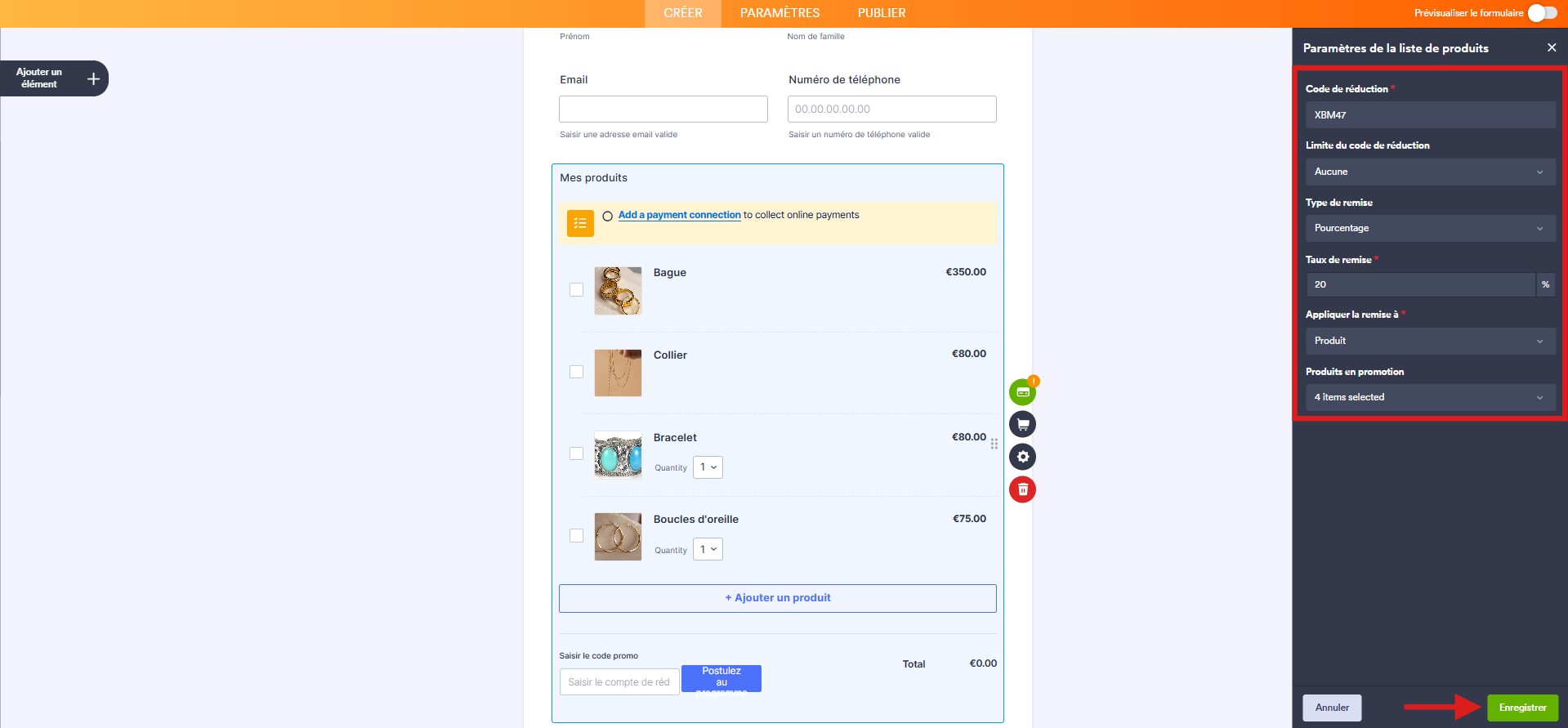 Capture d'écran d'un formulaire de commande avec un élément de paiement dans le Générateur de formulaires Jotform avec un encadré autour des options du code de réduction mises à jour et une flèche vers le bouton Enregistrer