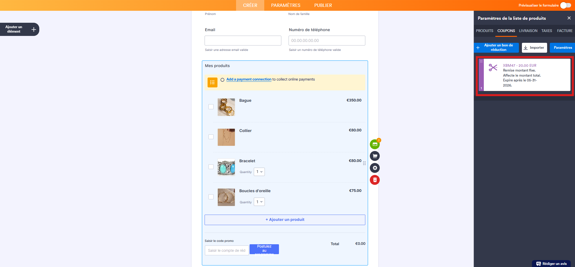 Capture d'écran d'un formulaire de commande avec un élément de paiement dans le Générateur de formulaires Jotform avec un encadré autour du code de réduction mis à jour
