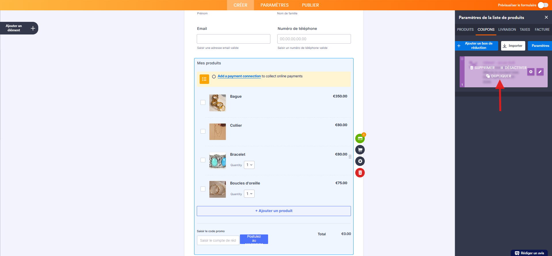 Capture d'écran d'un formulaire de commande avec un élément de paiement dans le Générateur de formulaires Jotform avec une flèche vers Dupliquer