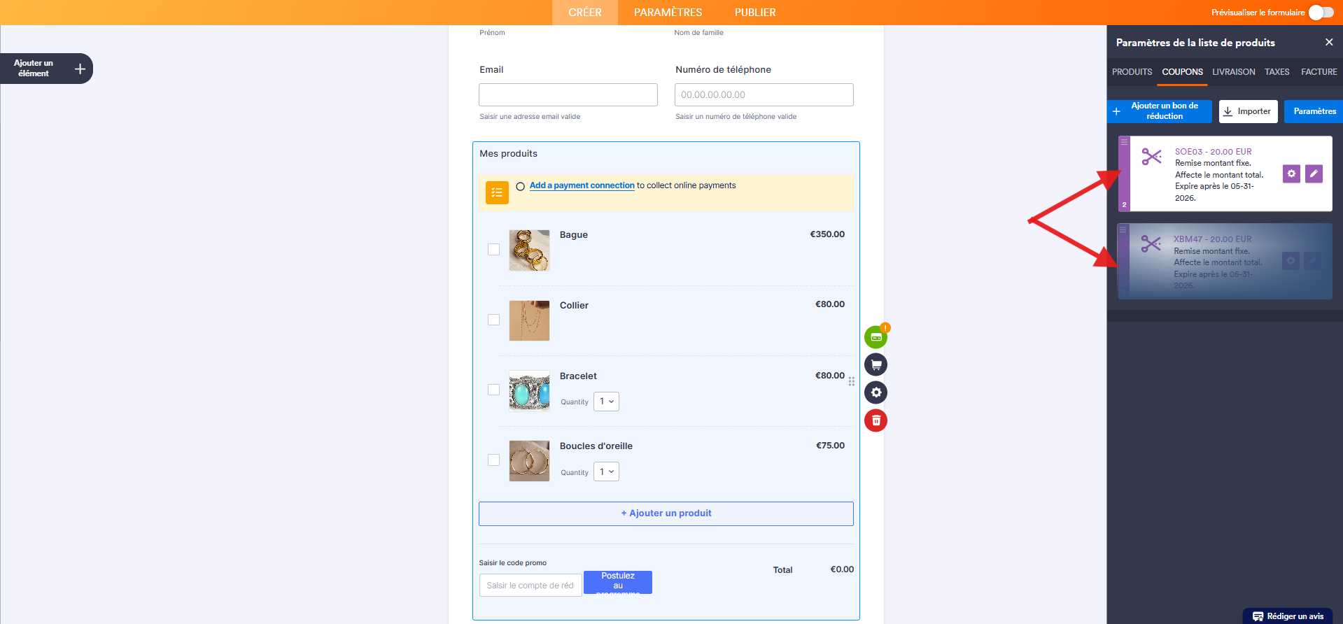 Capture d'écran d'un formulaire de commande avec un élément de paiement dans le Générateur de formulaires Jotform avec deux  flèches vers les deux codes de réduction en train d'être intervetis
