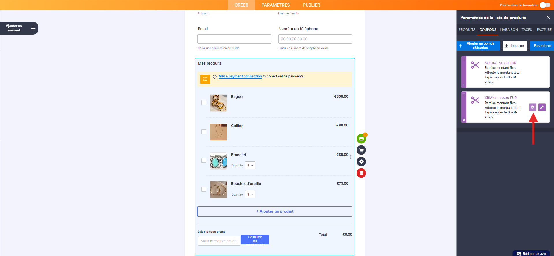 Capture d'écran d'un formulaire de commande avec un élément de paiement dans le Générateur de formulaires Jotform avec une  flèche pointant vers l'icône d'engrenage