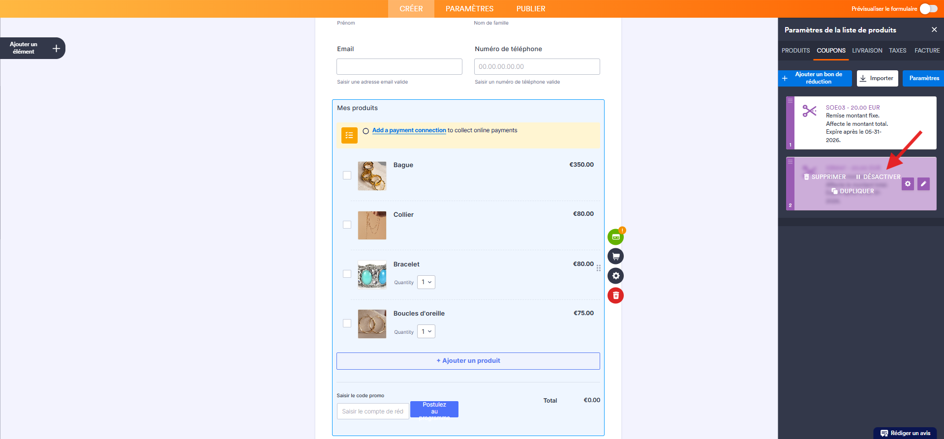 Capture d'écran d'un formulaire de commande avec un élément de paiement dans le Générateur de formulaires Jotform avec une  flèche pointant vers l'option Désactiver