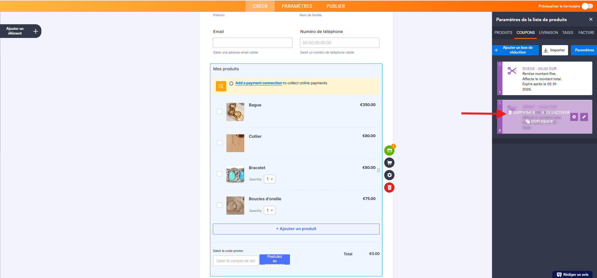 Capture d'écran d'un formulaire de commande avec un élément de paiement dans le Générateur de formulaires Jotform avec une  flèche pointant vers l'option Supprimer