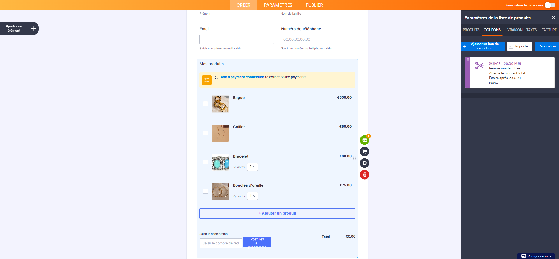 Capture d'écran d'un formulaire de commande avec un élément de paiement dans le Générateur de formulaires Jotform avec un code de réduction