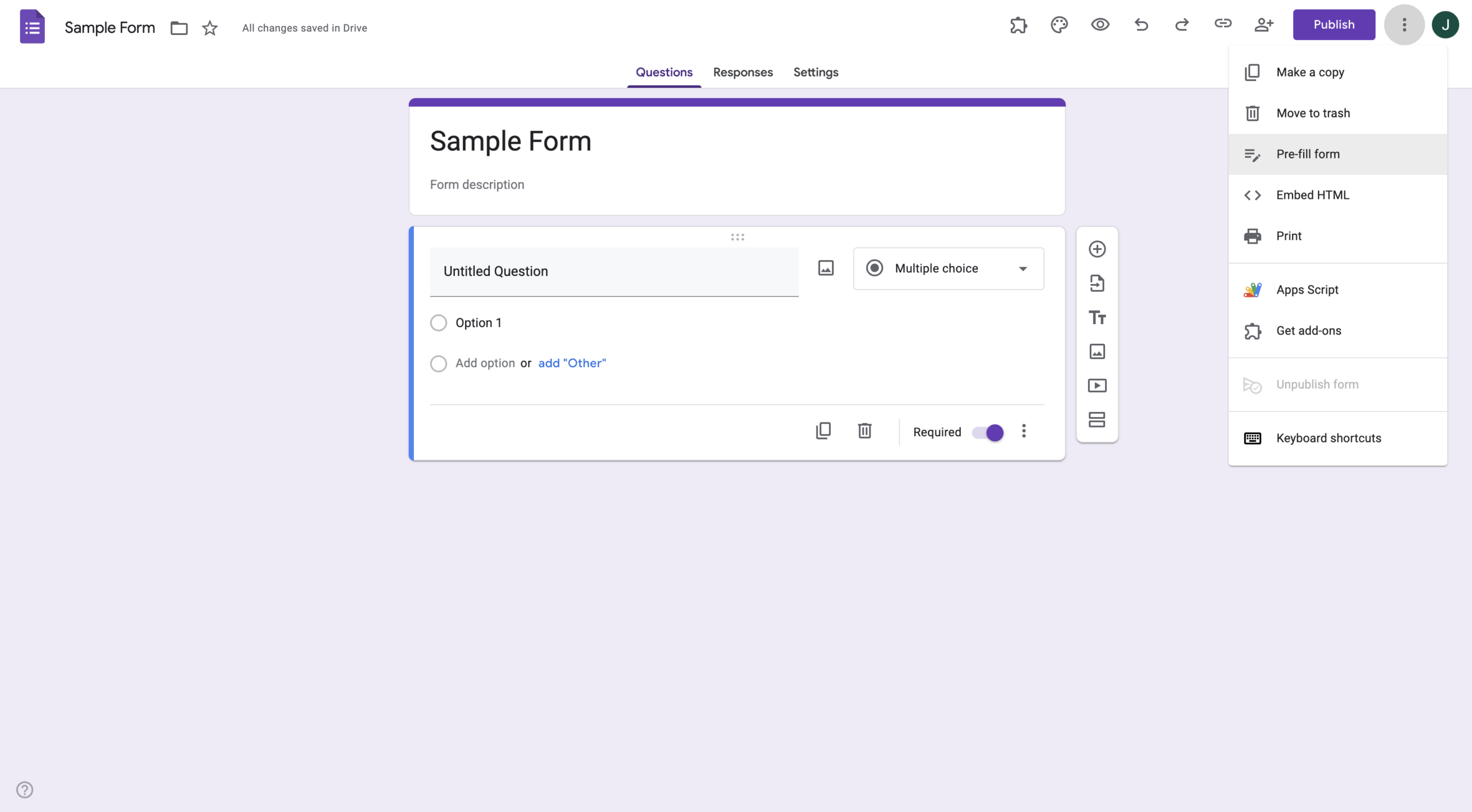 Clicking on the Pre-fill option on Google Forms