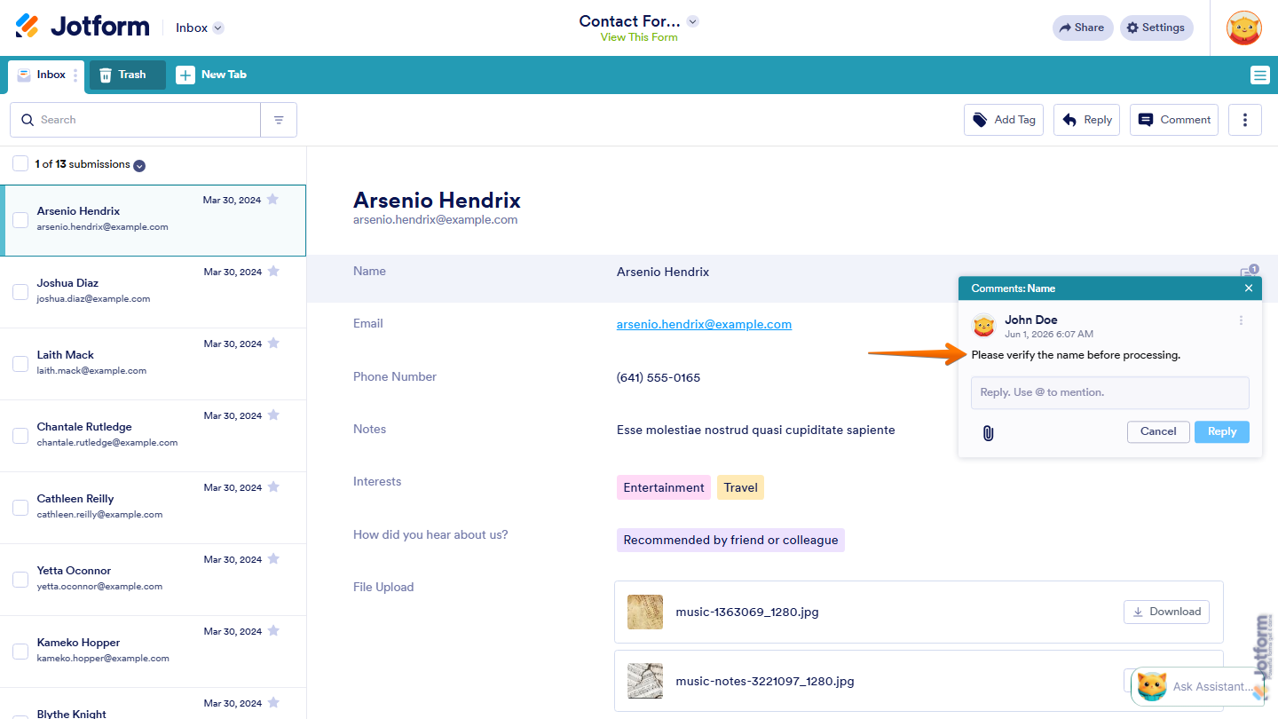 Jotform Inbox showing a comment displayed alongside the selected field response, linking feedback directly to that answer