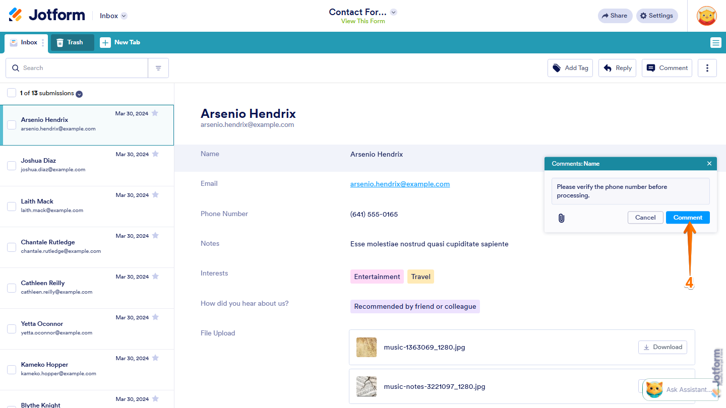 Jotform Inbox showing the Comments panel on the right side with a comment field and Comment button