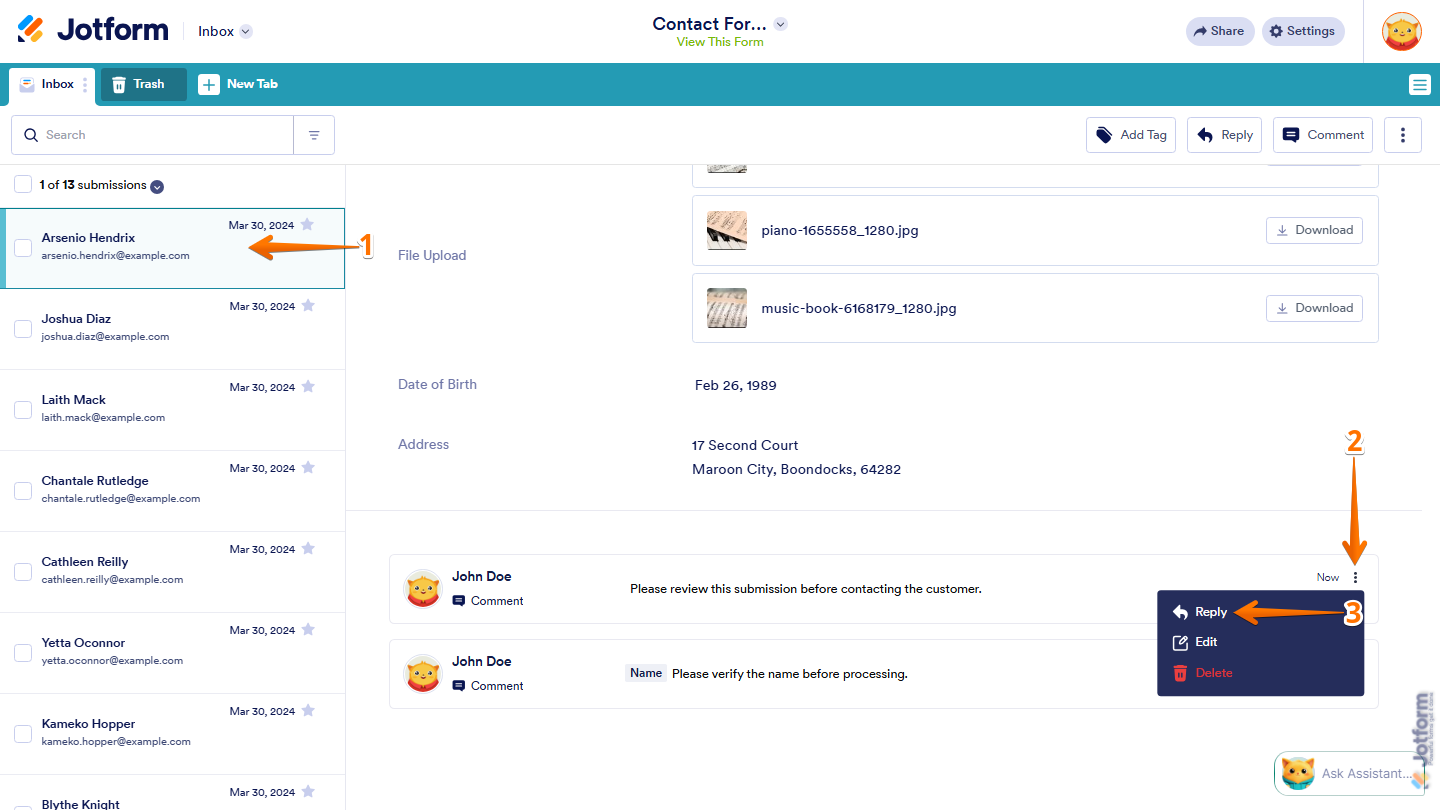 Jotform Inbox showing a comment's Three Dots menu with the Reply option selected