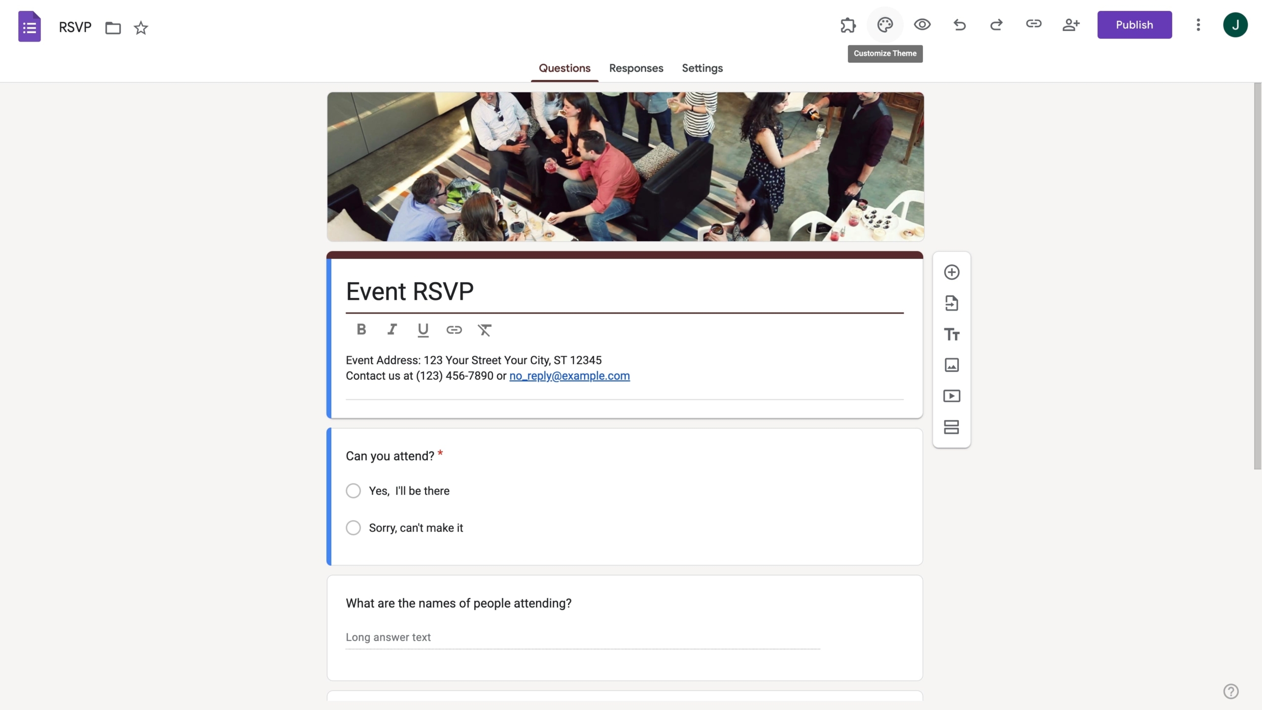 Clicking on the palette icon on Google Forms