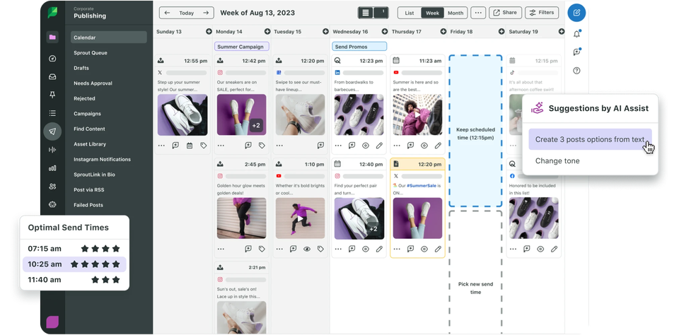 Sprout Social interface showing a publishing calendar and the AI Assist feature
