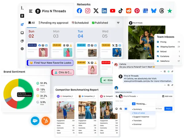 Example Statusbrew interface elements including brand sentiment metrics, competitor benchmarking report, and AI-assisted replies
