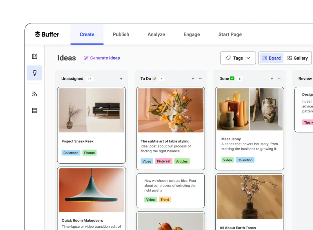 Buffer interface showing an "Ideas" screen with social media posts grouped by "Unassigned," "To Do," and "Done"
