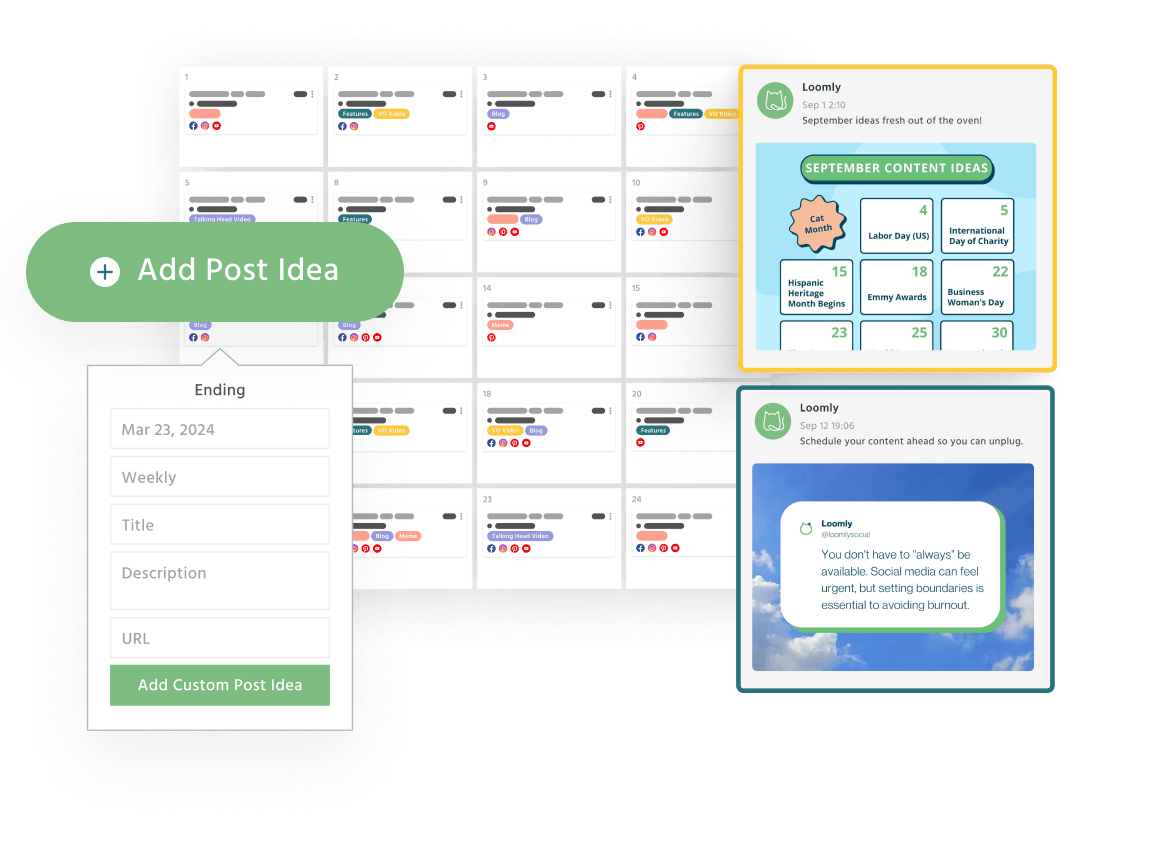 Example Loomly interface elements including adding a post idea to a social media calendar and drafted posts