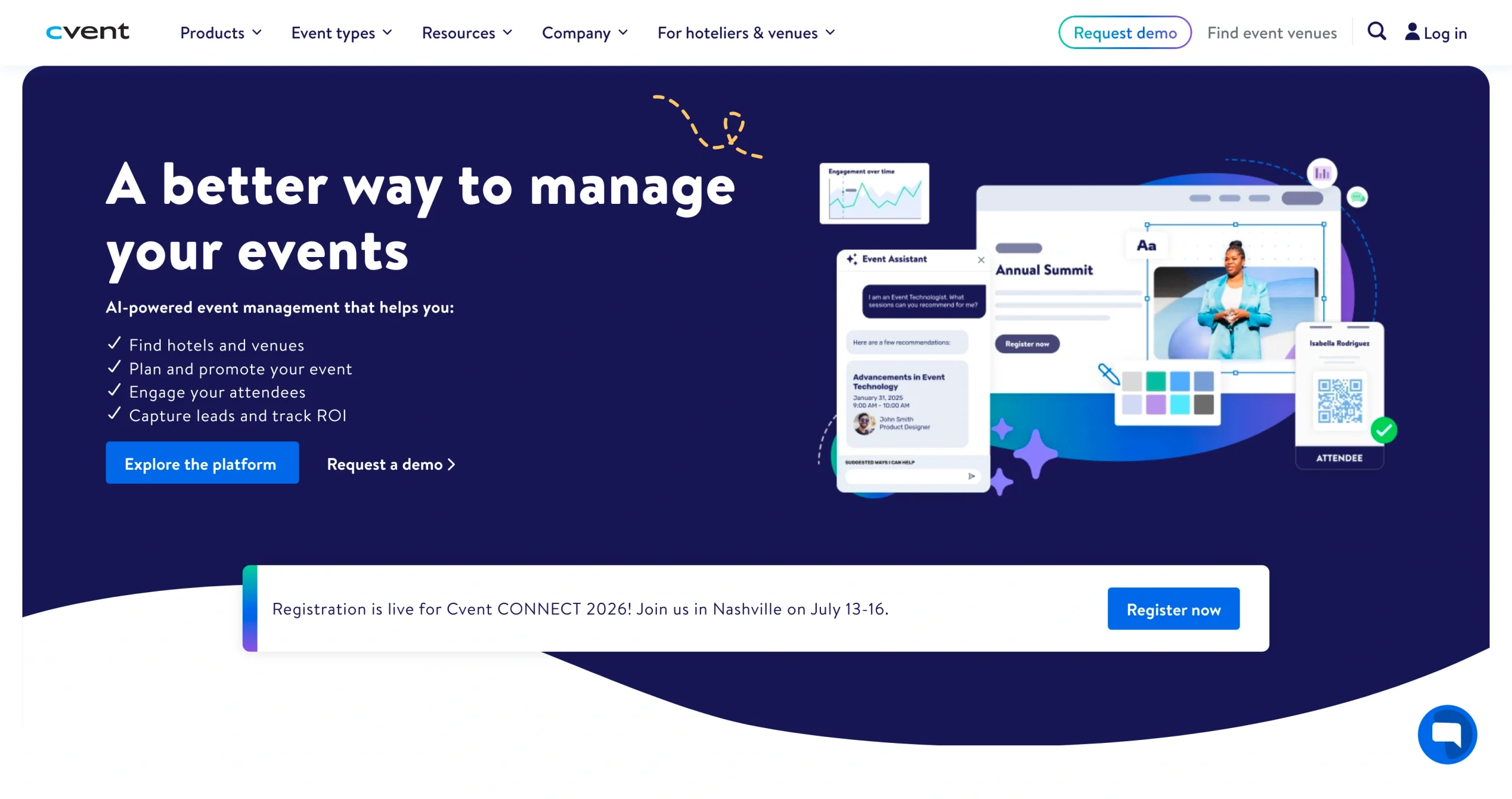Screenshot of Cvent landing page, showing a headline "A better way to manage your events"