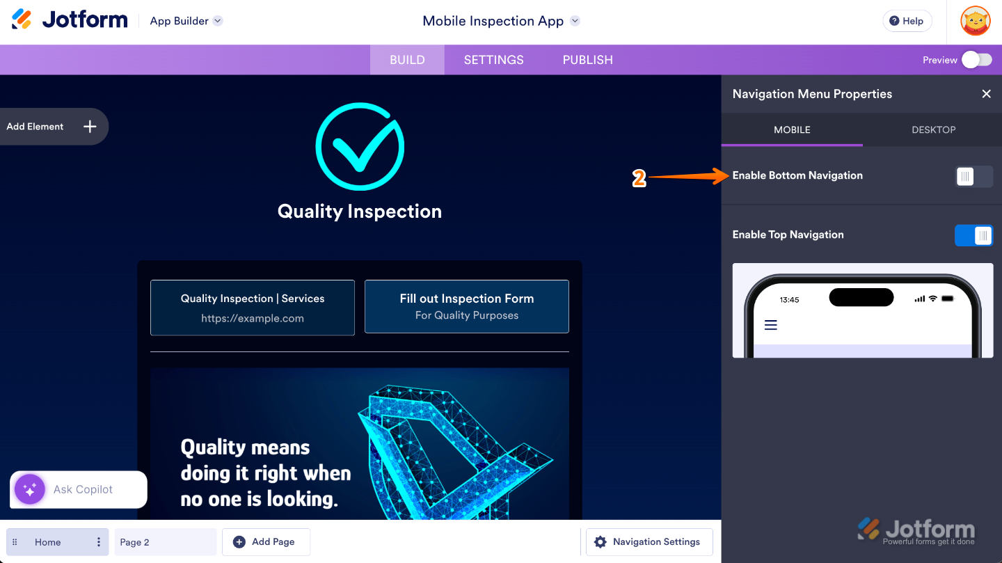 App Builder Navigation Menu Properties showing the Enable Bottom Navigation toggle turned on