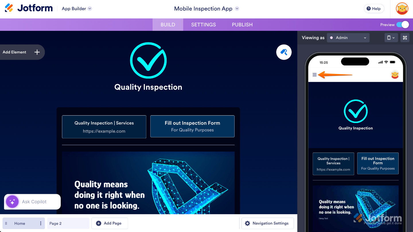 App preview showing the Three Lines menu icon at the top-left corner with pages listed inside