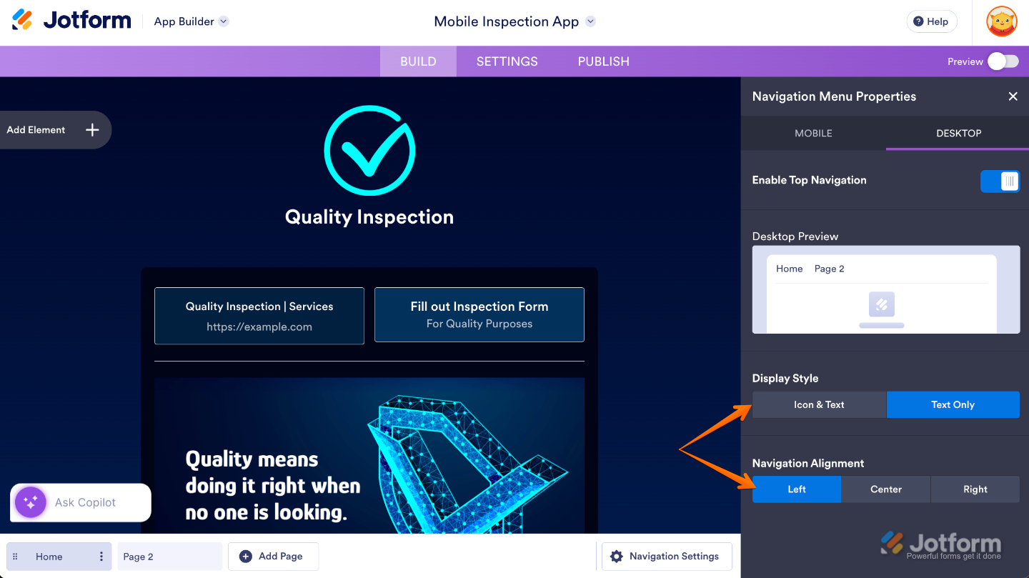 App Builder Desktop tab showing the Enable Top Navigation toggle turned on to match the app’s navigation layout