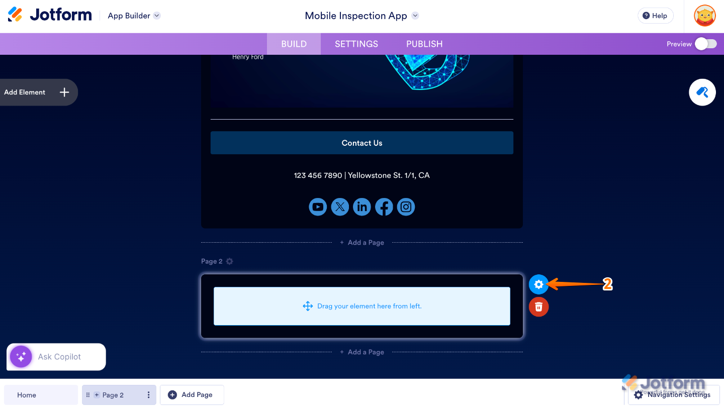 App Builder showing a newly added app page with the Gear icon selected to open page settings